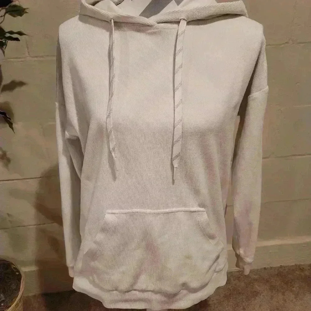 Andrew Marc New York Hoodie Unisex Medium Ivory Ribbed Pullover Long Sleeve.